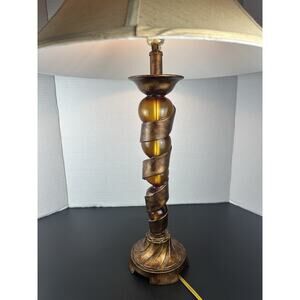 Amber Lucite & Brass Table Lamp Orange Swirl Test Works 30”